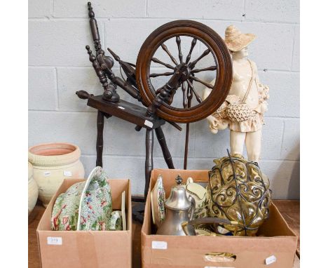 An Oak Spinning Wheel, A Large Cream Pottery Figure of a Water Boy, A Coalport Part Tea Service, Indian Tree Pattern, Decorat