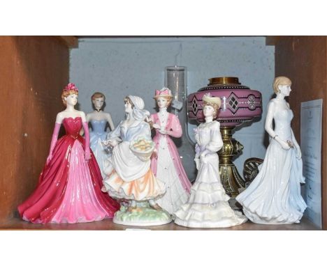 A Victorian Brass Based Oil Lamp, with opaque pink glass font, together with Five Coalport Porcelain Ladies, including "Diana