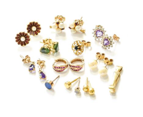 A Quantity of Earrings, including a peridot example, two amethyst examples, three cultured pearl examples, a synthetic ruby e