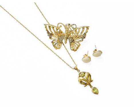 A 9 Carat Gold Diamond Butterfly Brooch, length 4.1cm; A 9 Carat Gold Peridot on Chain, pendant length 3.2cm, chain length 51