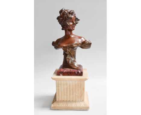 Georges Van der Straeten (1850 - 1928): a patinated portrait bust of a maiden, on rosso levanto plinth over a reeded alabaste