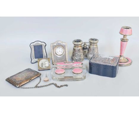 A Collection of Various Items, including silver and enamel dressing-table items; a pair of opera glasses; a photograph-frame 