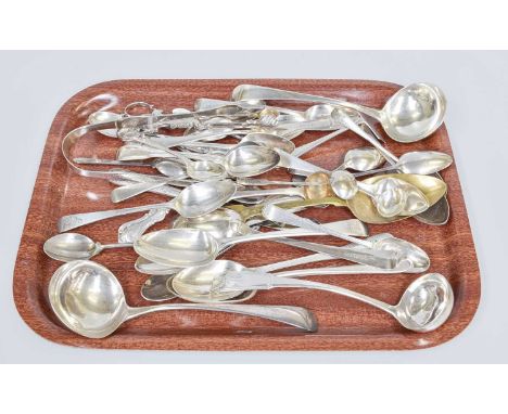 A Collection of Assorted George III and Later Silver Flatware, various patterns, including a pair of sugar-nips; a Scottish t