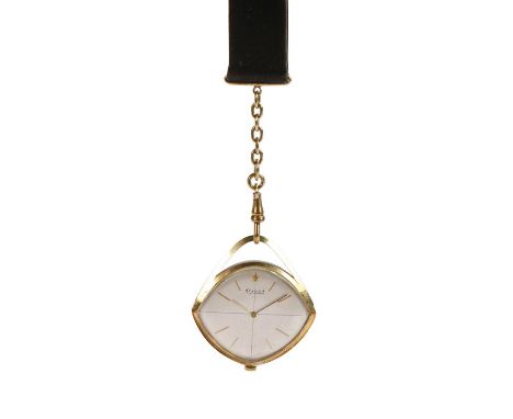 Exquist 14 carat gold cased pendant watch, the shaped case with pierced hanging loop to the top, the signed linen effect dial