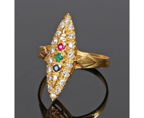 22 carat gold diamond sapphire and ruby set ring, in a navette head, ring size M