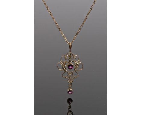 9 carat gold amethyst and pearl set pendant necklace, the pendant with two round cut amethyst and a pearl petal surround atta