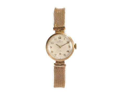 Zenith 9 carat gold cased ladies wristwatch, the signed white dial with Arabic numerals and subsidiary seconds dial, manual w