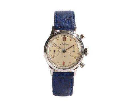 Minerva gentleman's chronograph wristwatch, the signed silver dial with gold coloured baton numerals, two subsidiary dials, m