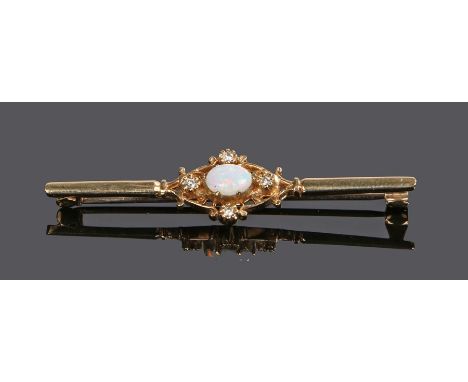 9 carat gold opal and diamond set brooch, with a central oval opal with four diamonds to the surround, 50mm wide