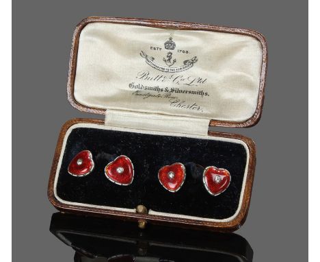 Pair of enamel and diamond set heart cufflinks, each with a red guilloche enamel and central round cut diamonds, 11mm diamete