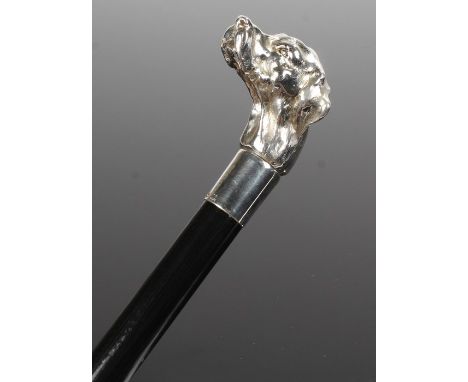 Elizabeth II silver Dogs head walking stick, London 1996, with ebonised cane 91cm long