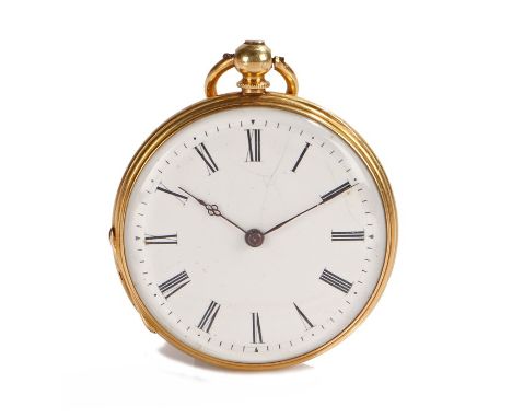 18 carat gold open face pocket watch, the white enamel dial with Roman numerals, the case back with scroll decorated shield s