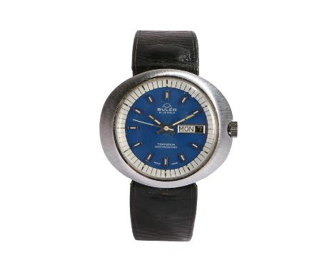 Buler Tasmania gentleman's wristwatch, the signed blue dial with baton numerals and day/date aperture at the three o'clock po