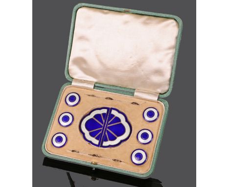 Early 20th Century enamel and white metal buckle and button set, the buckle with blue and white petal decoration and a set of