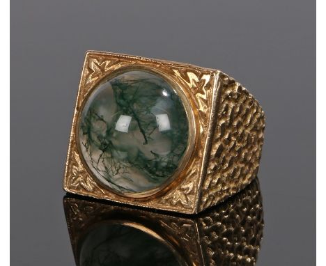 9 carat gold moss agate ring, with dome moss agate head and bark effect band, ring size R