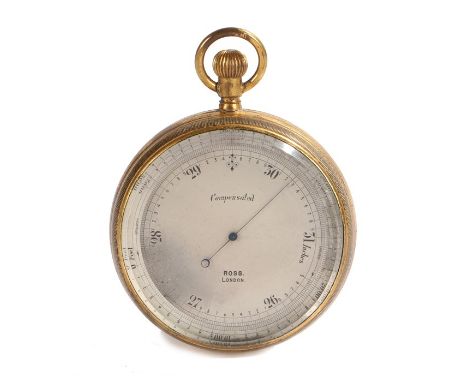 Ross London pocket barometer, the brass case of pocket watch form, the crown adjusting the outer bezel, housed in a red leath