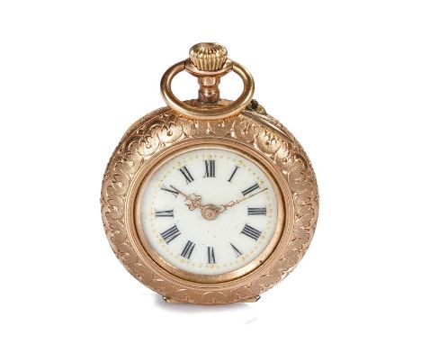 Ladies 14 carat gold and enamel decorated open face pocket watch, the cream dial with Roman numerals, the case back with enam