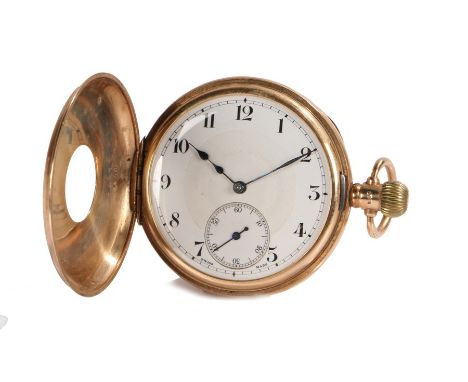 Gentleman's 9 carat gold cased half hunter pocket watch, the white enamelled dial with Arabic numerals and subsidiary seconds