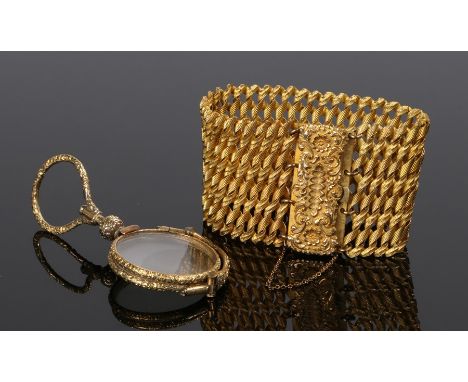 19th Century gilt metal bracelet, the wide bracelet with a foliate decorated clasp, together with a Victorian pair of lorgnet