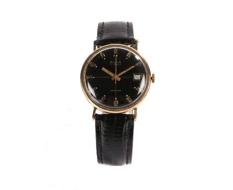 Avia 9 carat gold Incabloc gentleman's wristwatch, the signed black dial with cross-hair centre, baton numerals and date aper