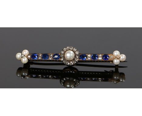 Victorian pearl diamond and sapphire brooch, the central pearl with a rose cut diamond surround and a pearl, sapphire and bro