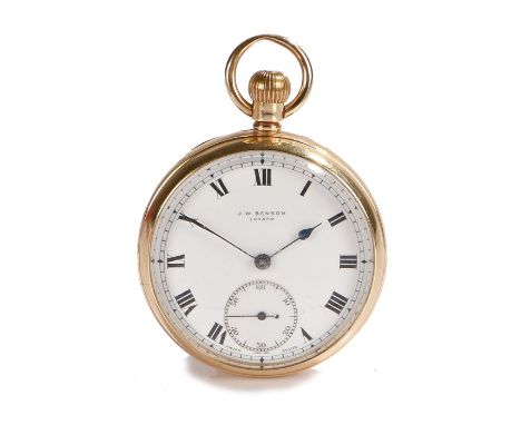 J.W. Benson 9 carat gold open face pocket watch, the signed white enamel dial with Roman numerals and subsidiary seconds dial