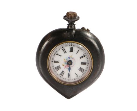 Gun metal open face pocket watch,  with a white enamel dial and Roman hours, the case in the form of a heart, 34mm diameter 