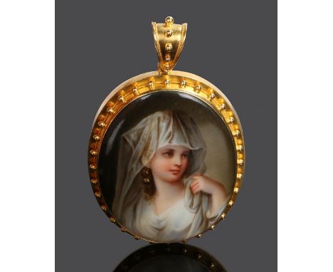 Victorian enamel pendant, the enamel oval plaque with a lady in a white dress and white veil, the plaque held within a yellow