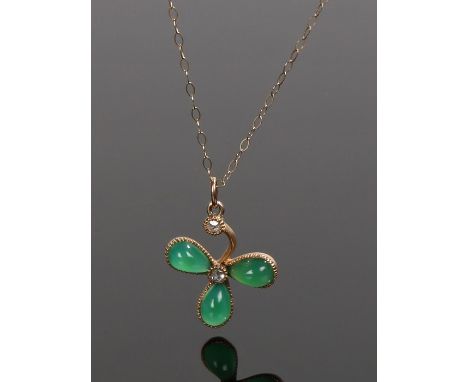 9 carat gold jade and diamond set pendant necklace, the pendant in the form of a clover set with jade leaves and a central di