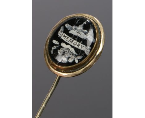 19th Century mourning stick pin, the enamel head with the text Memory with flower decoration and a black ground, 20mm diamete