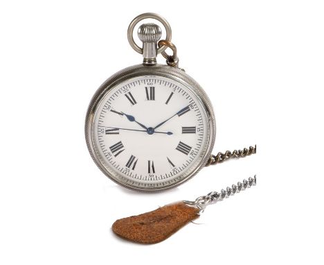 Goliath open face pocket watch, the white enamel dial with Roman numerals, on a white metal watch chain, the case 62mm diamet