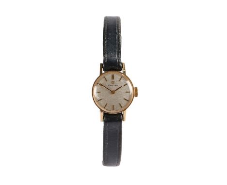 Omega 9 carat gold ladies wristwatch, the signed silver dial with baton numerals, manual wound, the case 17mm diameter