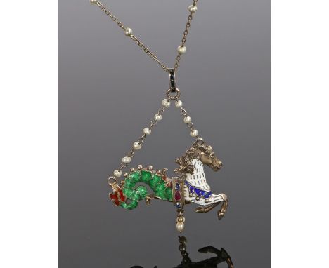 Renaissance revival gem set pendant necklace jewel, the seahorse pendant with an enamel body set with sapphire and ruby, pear