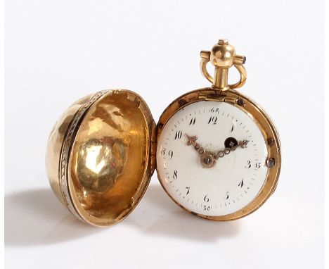 Gold coloured metal ball form pocket watch, the exterior with enamel decoration depicting a bird in flight and crossed weapon