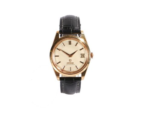 Omega Seamaster 18 carat gold gentleman's wristwatch, the cream coloured dial with baton numerals and date aperture at the th