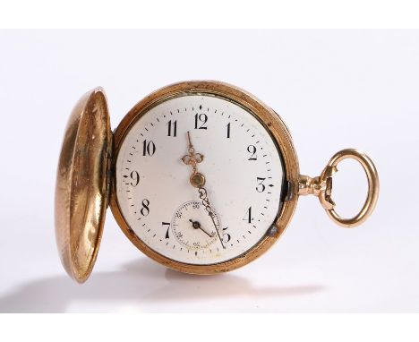 Ladies 14 carat cased hunter pocket watch, the engine turned case with blank foliate and scroll cartouche, the enamelled dial