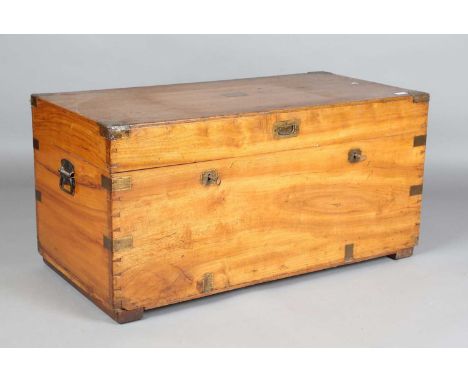 A 19th century camphor trunk with brass mounts and double lock, height 52cm, width 105cm, depth 51cm (faults).