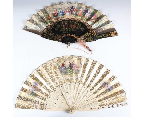 A 19th century mother-of-pearl and net folding fan, the sticks and guards finely pierced and heightened in gilt, length 23cm,