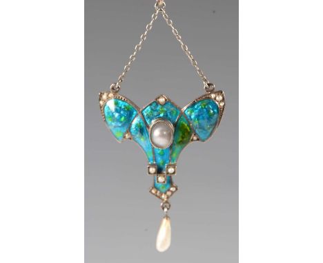 An Arts and Crafts silver, pearl and varicoloured enamelled pendant, the centre mounted with a blister pearl, unmarked, lengt