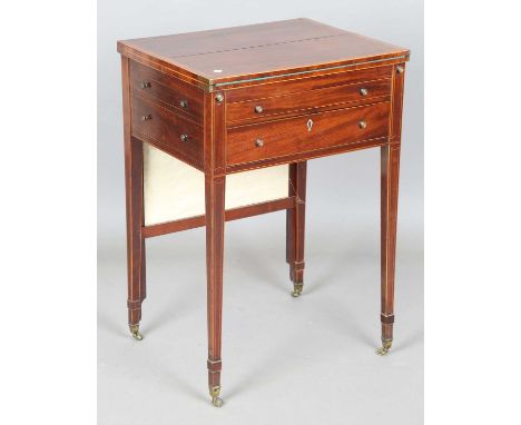 A George III mahogany occasional table, the hinged lid with baize lining and a rising firescreen panel above an arrangement o