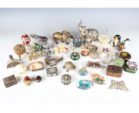 A collection of modern enamelled metal trinket boxes, some cast as animals, others inset with paste mounts.