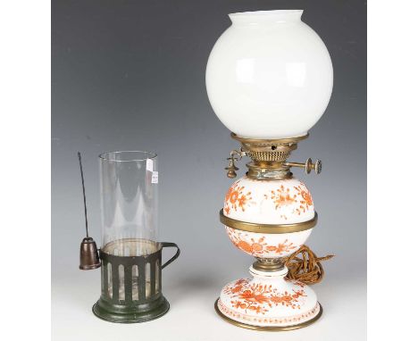 A late 19th century brass mounted Meissen porcelain table oil lamp, outside factory decorated in iron red, fitted with a glas