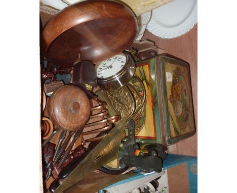 Biscuit tin, Westclox Big Ben alarm clock, brass, letter racks etc