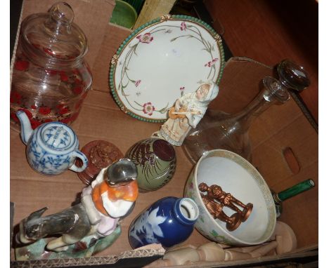 Glass decanter, Staffordshire style figure of a man riding a donkey, oriental bowl etc