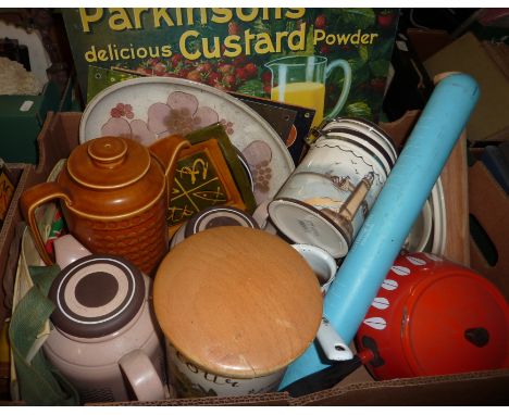 Box of kitchenalia inc canisters, Hornsea, enamel cooking pans etc