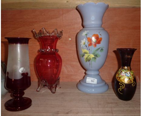 Cranberry glass vase with clear glass prunts on 4 clear glass feet, opaque glass vase with hand painted enamel decoration, sm