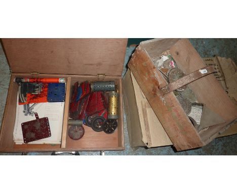 Box of Meccano, small trug, projector slides etc