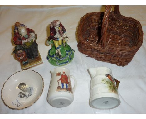 Royal Worcester bullfinch cream jug (hairline crack to spout), Goss RN38660 jug and a John Lennon souvenir dish in a small wi