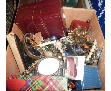 Box of costume jewellery inc Tissot watch, beads, brooches etc