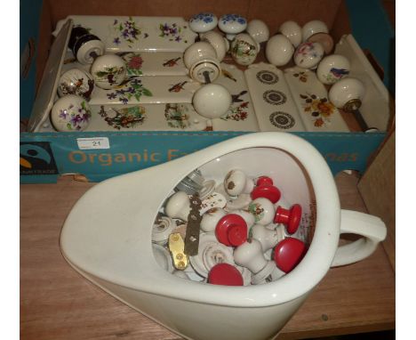 Selection of ceramic door knobs, door plates etc and a 'Slipper Bed Pan'